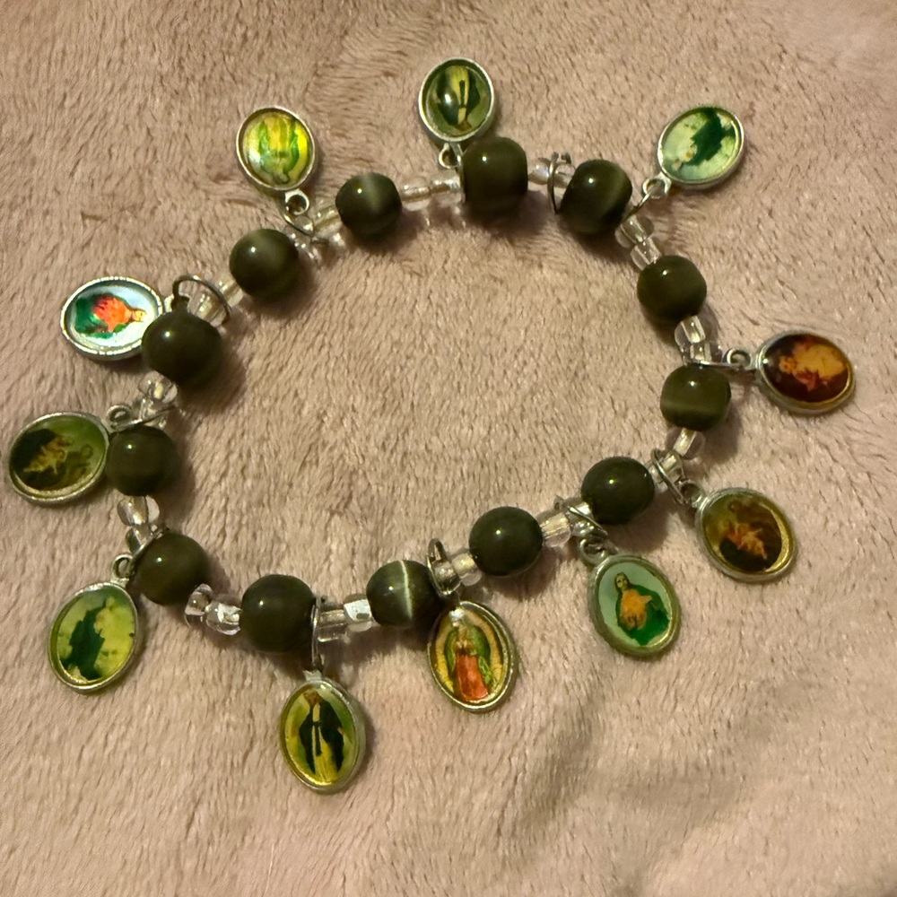 Olive Green Bead Charm Bracelet with Religious Medallions